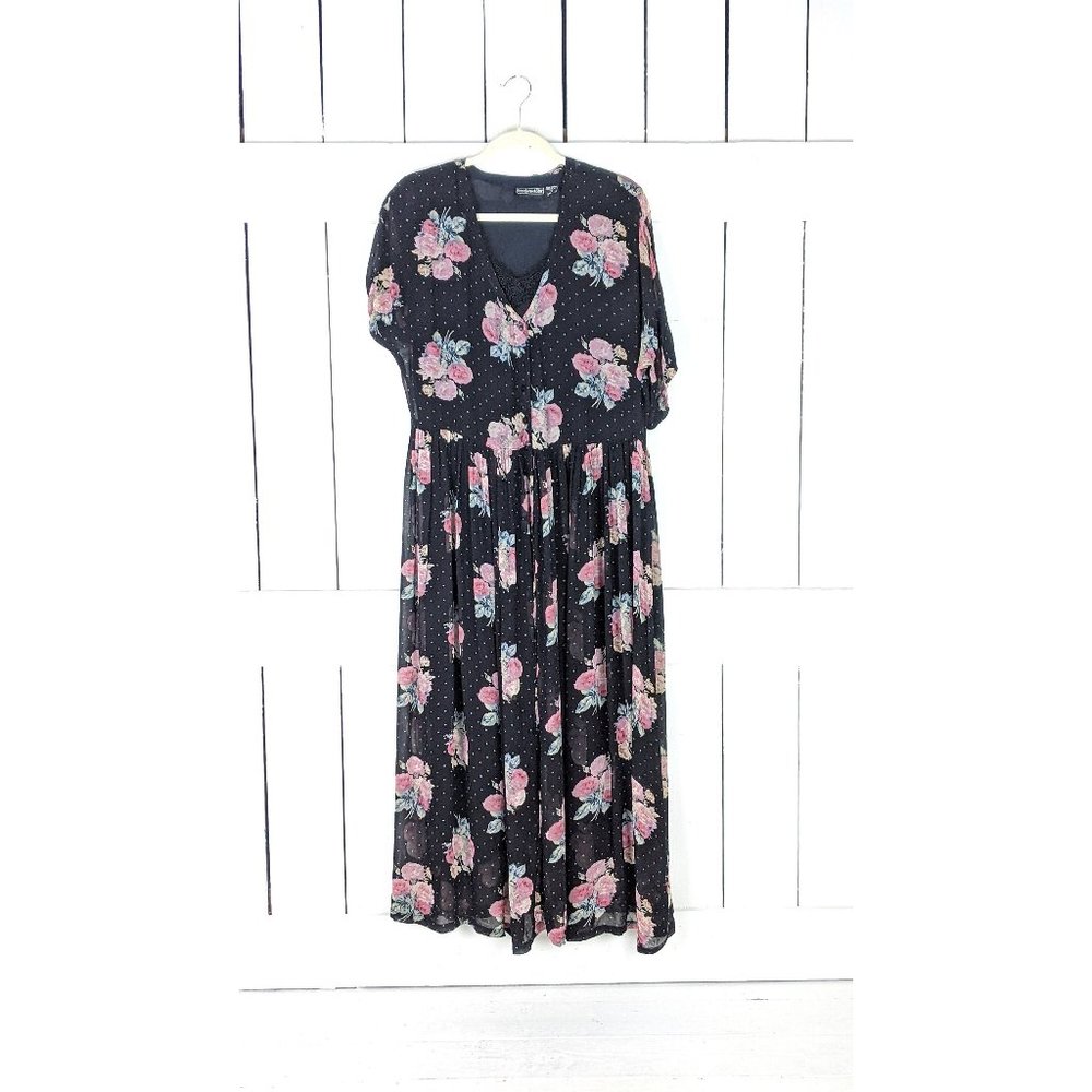 90s  black floral polka dot button down short sleeve maxi dress
